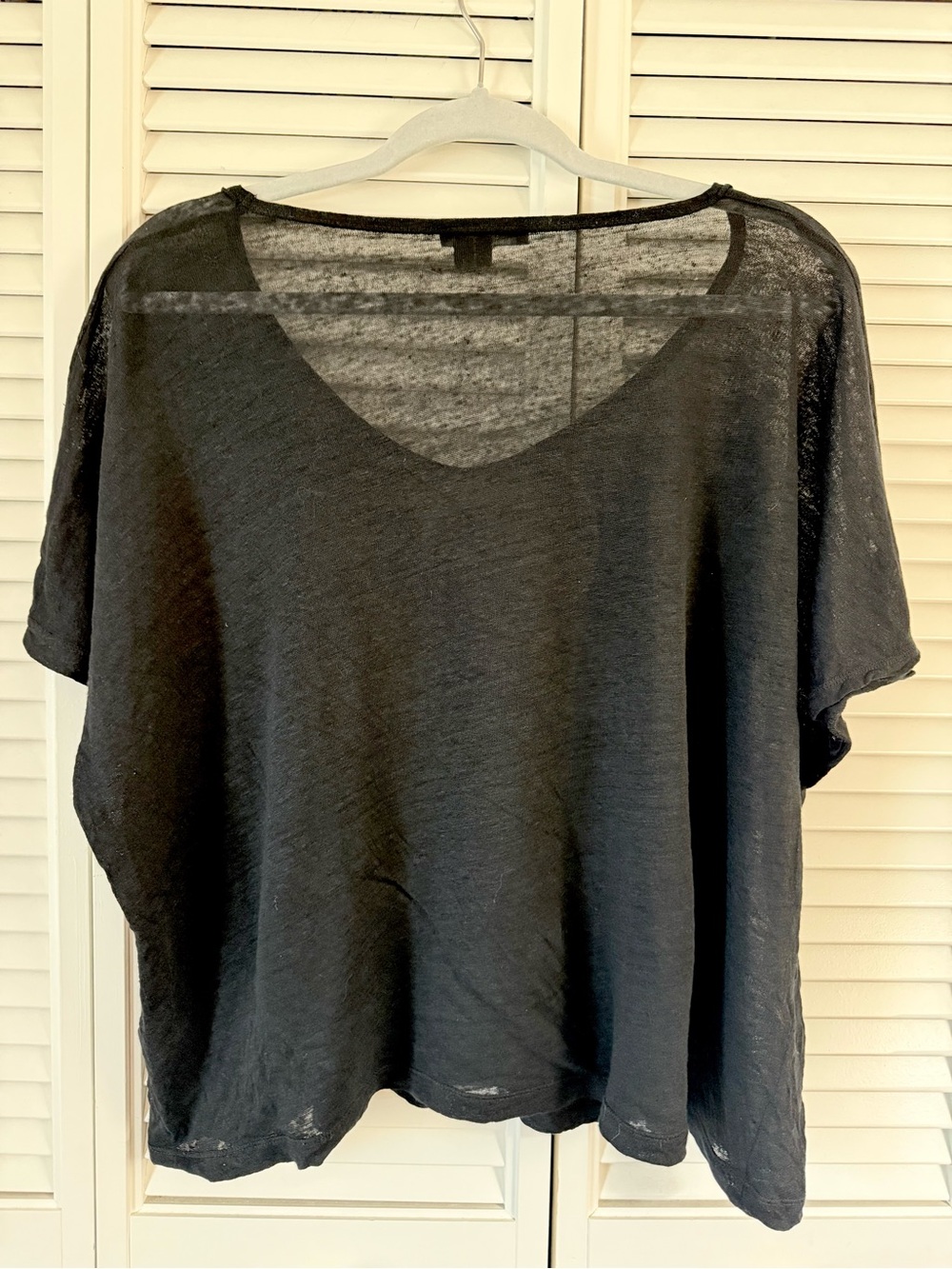 Vince Black Sheer Linen V-Neck Boxy Short Sleeve Top Size M